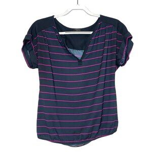 Ann Taylor Womens Medium Navy Pink Stripe Cap Sleeve Blouse Elastic Hem